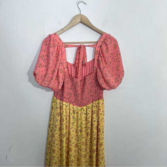 COLOR ME COURTNEY Yellow Pink Ditsy Flower Printed Cece Maxi Dress Size 10 - Picture 13 of 16